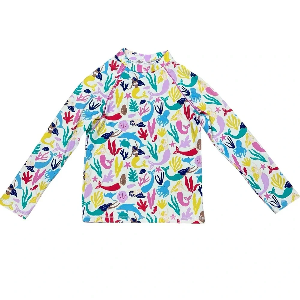 Boden Kids Rash Guard‎ Swim Shirt 9-10/140 UPF +40 Long Sleeve Colorful Mermaids